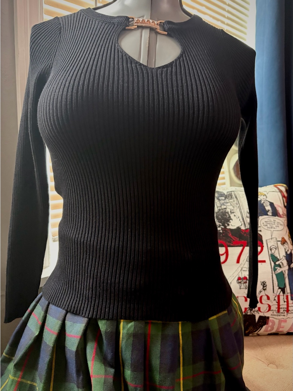 Catherine Malandrino Black Ribbed Knit Top with Gold Tag